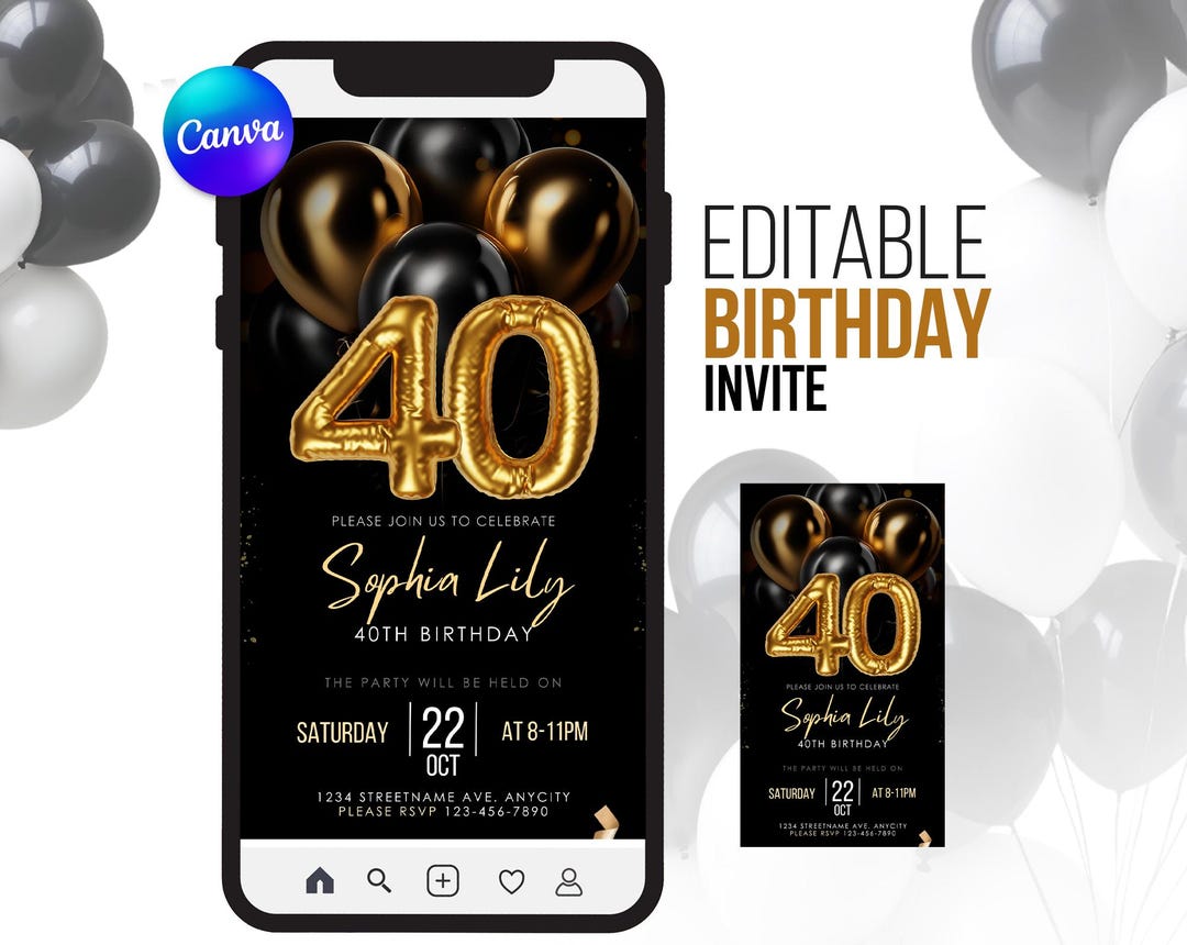 Editable 40th Birthday Invitation | Birthday Party Template Invites - Etsy