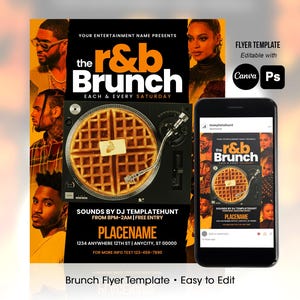 May include: A digital flyer template for an R&B Brunch event featuring a waffle on a turntable graphic, text reading "the r&b Brunch," "Each & Every Saturday," and "Sounds by DJ Templatehunt," displayed on a smartphone screen and a larger layout.