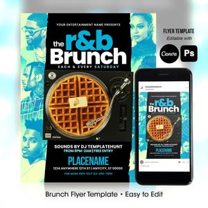 May include: A digital flyer template for an R&B Brunch event featuring a waffle on a turntable graphic, text including "the r&b Brunch," "Each & Every Saturday," and "Sounds by DJ Templatehunt," displayed on a smartphone screen and a flat layout.