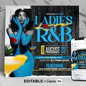 May include: A digital event flyer for Ladies Love R&B on August 22, featuring a person in a blue dress and gloves holding a red rose. The flyer includes text details, a cocktail graphic, and a smartphone displaying the same flyer on social media.