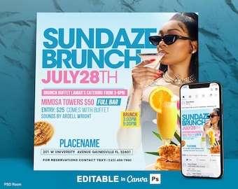 Editable Sundaze Brunch Flyer | Day Party Invitation | Canva & Photoshop Template