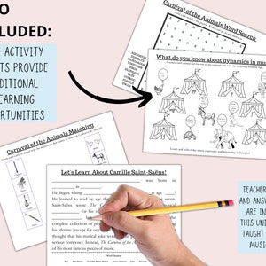May include: A printable educational resource for teaching music. The resource includes a word search, a matching activity, and a reading comprehension activity about Camille Saint-Sa&euml;ns. The text on the page reads "Carnival of the Animals Word Search", "Carnival of the Animals Matching", "What do you know about dynamics in music?", "Let's Learn About Camille Saint-Sa&euml;ns!" and "Teacher's Guide and Answer Keys are Included! This unit can be taught by non-musicians!"