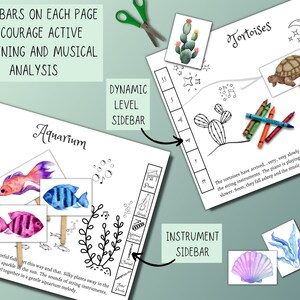 May include: Black and white printable coloring pages for kids featuring an aquarium scene with fish and a desert scene with tortoises. The pages include a dynamic level sidebar and an instrument sidebar.