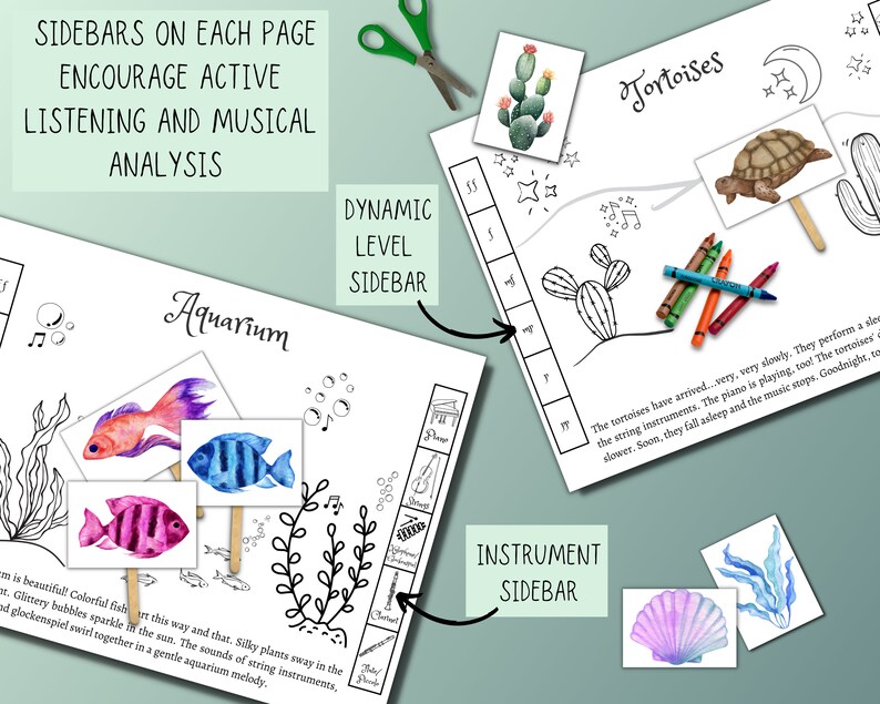 May include: Black and white printable coloring pages for kids featuring an aquarium scene with fish and a desert scene with tortoises. The pages include a dynamic level sidebar and an instrument sidebar.