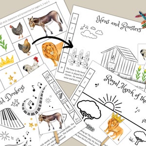 May include: A printable craft activity set for kids featuring a lion, donkey, hen, rooster, and musical notes. The set includes cut-out characters and accessories for a royal march of the lion, wild donkeys, and hens and roosters.