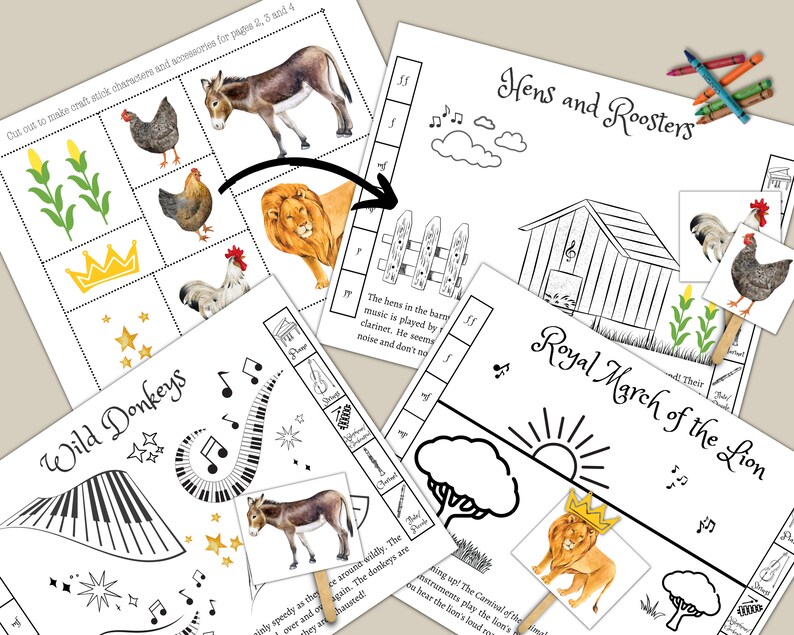 May include: A printable craft activity set for kids featuring a lion, donkey, hen, rooster, and musical notes. The set includes cut-out characters and accessories for a royal march of the lion, wild donkeys, and hens and roosters.