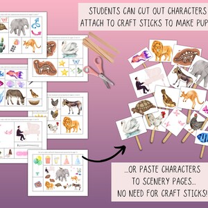 May include: A set of printable activity pages featuring colorful illustrations of animals, objects, and scenery. The pages are designed for students to cut out characters and attach them to craft sticks to make puppets, or paste them onto scenery pages. The text on the page reads "Students can cut out characters and attach to craft sticks to make puppets... or paste characters to scenery pages... No need for craft sticks!"