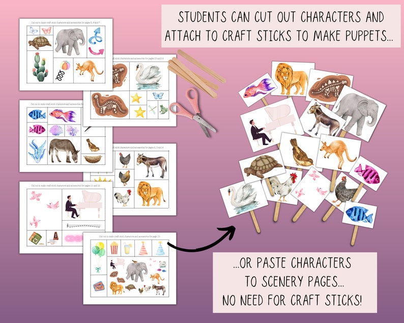 May include: A set of printable activity pages featuring colorful illustrations of animals, objects, and scenery. The pages are designed for students to cut out characters and attach them to craft sticks to make puppets, or paste them onto scenery pages. The text on the page reads "Students can cut out characters and attach to craft sticks to make puppets... or paste characters to scenery pages... No need for craft sticks!"