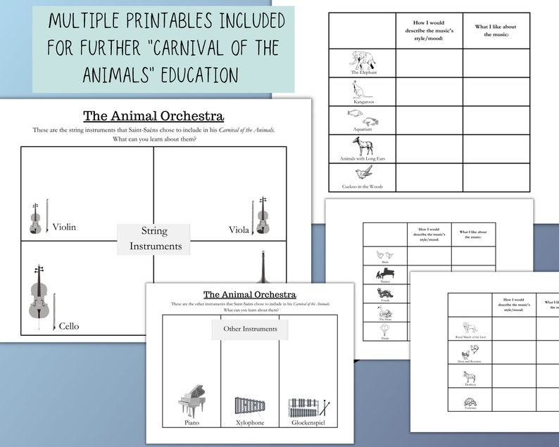 May include: Black and white printable worksheets for a music education lesson about the string instruments in Camille Saint-Sa&euml;ns's Carnival of the Animals. The worksheets include images of a violin, viola, and cello, and ask students to describe the music's style and mood.