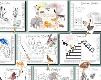 May include: A set of printable coloring pages featuring illustrations from Camille Saint-Saëns's Carnival of the Animals. Each page includes a different animal from the musical suite, such as the swan, the elephant, the kangaroo, the cuckoo, the hens and roosters, the pianists, and the fossils. The pages are designed for children to color and learn about the different animals and their musical representations.