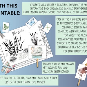 May include: Black and white printable activity for kids featuring a swan, reeds, and lily pads. The printable includes the text "The Swan" and is part of a larger set of printables for "The Carnival of the Animals".
