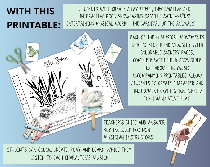 May include: Black and white printable activity for kids featuring a swan, reeds, and lily pads. The printable includes the text "The Swan" and is part of a larger set of printables for "The Carnival of the Animals".