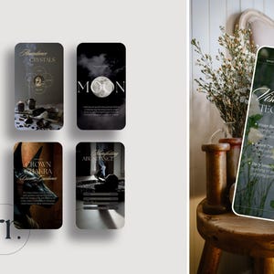 Pu&ograve; includere: Una collezione di quattro biglietti d'arte digitale con temi spirituali. I biglietti presentano testo e immagini relativi a cristalli, luna, chakra della corona e manifestazione dell'abbondanza. Un tablet mostra "Tecniche di visualizzazione" con elenchi puntati.