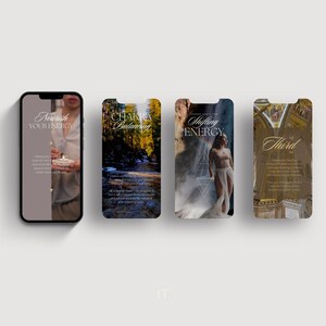 Pu&ograve; includere: Quattro smartphone che mostrano immagini con testo. Il primo telefono mostra una persona che tiene in mano una candela con la scritta "Nourish Your Energy". Il secondo telefono mostra una scena di foresta con la scritta "Chakra Balancing". Il terzo telefono mostra una donna con la scritta "Shifting Energy". Il quarto telefono mostra un edificio con la scritta "Third."