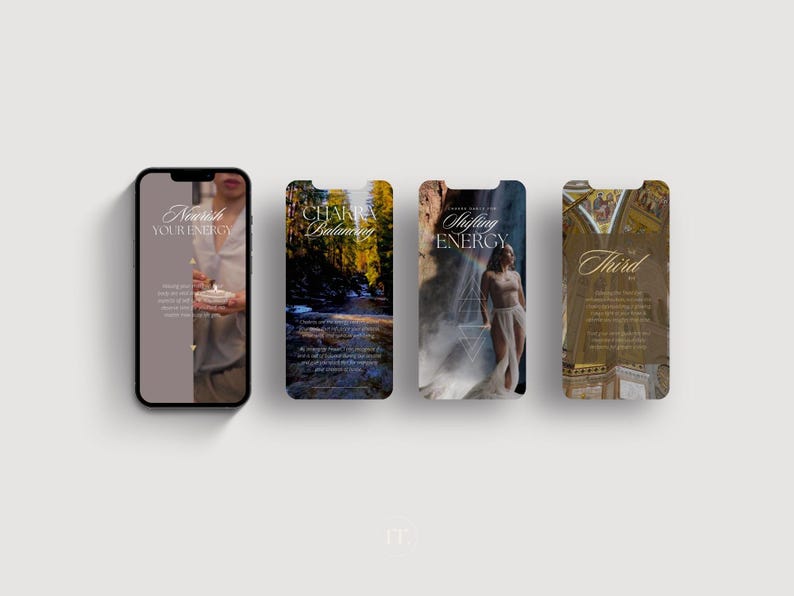 Pu&ograve; includere: Quattro smartphone che mostrano immagini con testo. Il primo telefono mostra una persona che tiene in mano una candela con la scritta "Nourish Your Energy". Il secondo telefono mostra una scena di foresta con la scritta "Chakra Balancing". Il terzo telefono mostra una donna con la scritta "Shifting Energy". Il quarto telefono mostra un edificio con la scritta "Third."