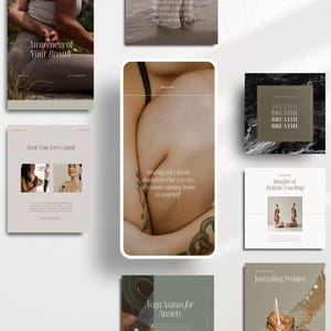 Modèle Instagram de coach holistique 90, coach de vie, bien-être et santé mentale, esthétique minimale, autosoins yoga, bohème terreux, médias sociaux Canva