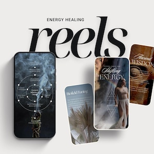 Puede incluir: Un smartphone muestra un diagrama con texto, humo y un manojo de hierbas. La palabra "reels" está en una fuente grande y elegante encima del teléfono. Tres tarjetas con texto e imágenes están al lado del teléfono. Las tarjetas tienen el texto "Biofield Tuning", "Shifting Energy" y "Ancient Wisdom".