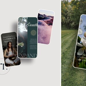 Pu&ograve; includere: Tre schermi di smartphone con contenuti benessere. Uno schermo mostra una donna con una ciotola sonora, il testo recita "Sound Bathing For ENERGETIC Alignment". Un altro schermo dice "Breath" e "EXPAND". Il terzo schermo mostra fiori e testo: "Every shift brings you closer to the life your soul seeks."