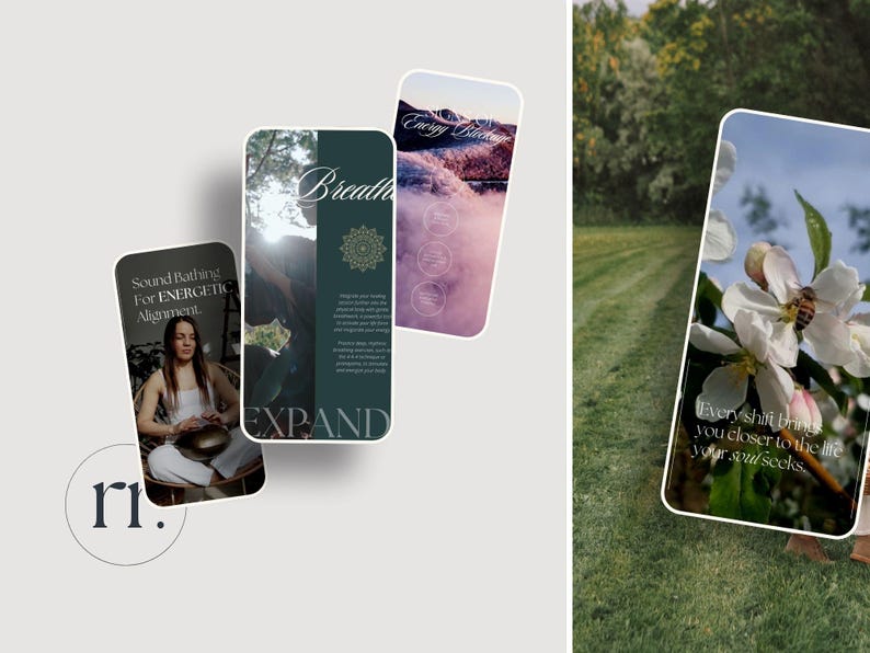 Pu&ograve; includere: Tre schermi di smartphone con contenuti benessere. Uno schermo mostra una donna con una ciotola sonora, il testo recita "Sound Bathing For ENERGETIC Alignment". Un altro schermo dice "Breath" e "EXPAND". Il terzo schermo mostra fiori e testo: "Every shift brings you closer to the life your soul seeks."
