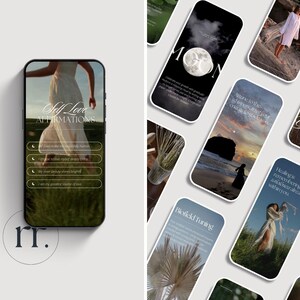 Pu&ograve; includere: Uno smartphone mostra "Self Love Affirmations" con una persona in un vestito bianco. Altri smartphone mostrano immagini con testo come "Moon", "Daily Grounding" e "Biofield Tuning". Il tema generale &egrave; la cura di s&eacute; e il benessere.