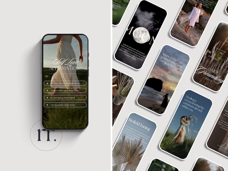 Pu&ograve; includere: Uno smartphone mostra "Self Love Affirmations" con una persona in un vestito bianco. Altri smartphone mostrano immagini con testo come "Moon", "Daily Grounding" e "Biofield Tuning". Il tema generale &egrave; la cura di s&eacute; e il benessere.