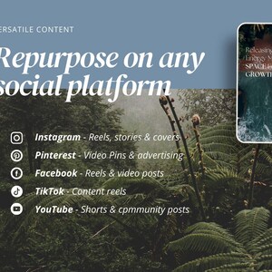 Pu&ograve; includere: Grafica promozionale con il testo "Repurpose on any social platform". L'immagine elenca Instagram, Pinterest, Facebook, TikTok e YouTube. Un telefono mostra il testo "Releasing Old Energy Makes SPACE For New GROWTH."