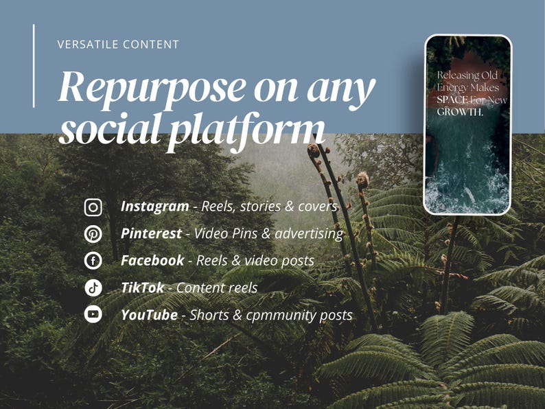 Pu&ograve; includere: Grafica promozionale con il testo "Repurpose on any social platform". L'immagine elenca Instagram, Pinterest, Facebook, TikTok e YouTube. Un telefono mostra il testo "Releasing Old Energy Makes SPACE For New GROWTH."