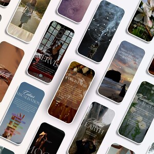 Pu&ograve; includere: Una collezione di smartphone che mostrano varie citazioni e immagini ispiratrici. Gli schermi presentano testi come "Terra", "Perdono" e "Tecniche di visualizzazione", insieme a grafiche correlate. Il tema generale suggerisce auto-aiuto o guida spirituale.