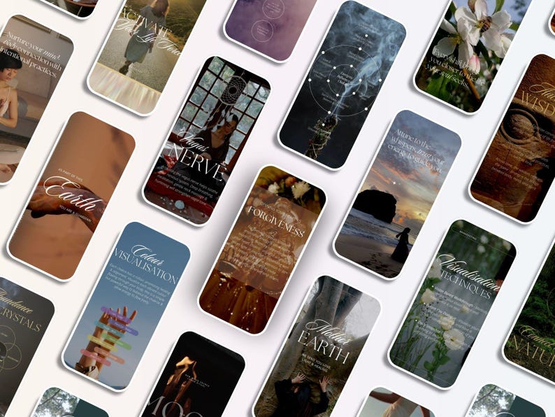 Pu&ograve; includere: Una collezione di smartphone che mostrano varie citazioni e immagini ispiratrici. Gli schermi presentano testi come "Terra", "Perdono" e "Tecniche di visualizzazione", insieme a grafiche correlate. Il tema generale suggerisce auto-aiuto o guida spirituale.