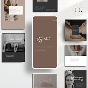 May include: A collection of social media graphics with a brown and white color scheme. The graphics feature text such as "Sacred No", "Inner Wisdom", "Meet Your Coach", and "Reclaiming my feminine energy".