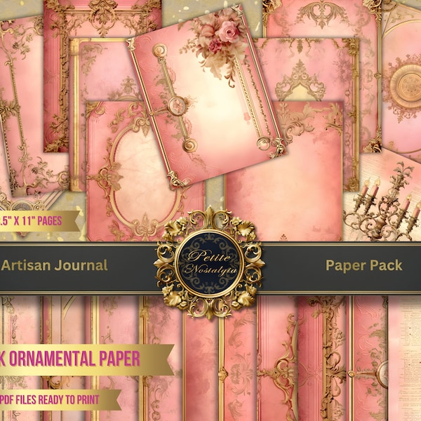 Pink Ornamental Journal Pages, Junk Journal, Journal Paper, Shabby Paper, Shabby Pink, Gold Journal, Victorian Journal Pages, Gold Paper