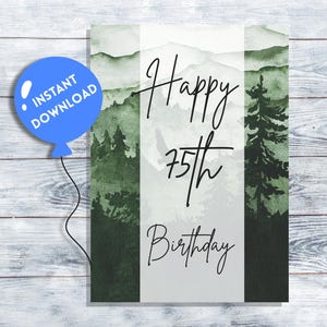 Printable 75th Birthday Card, Green Forest Seventieth Birthday Card, Birthday Card 75 Years