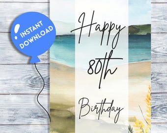 Tarjeta de 80 cumpleaños en la playa: Diseño de acuarela con arena (descarga digital)