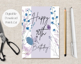Carte d'anniversaire 90e imprimable, fleurs sauvages quatre-vingt-dixième anniversaire, carte d'anniversaire 90 ans