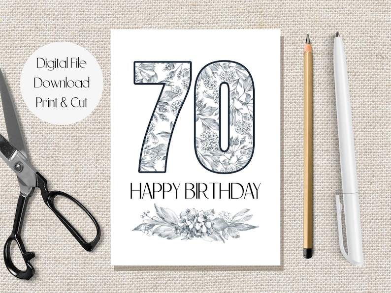 Happy 70th Birthday Printable Card, Elegant Floral Design, Instant ...