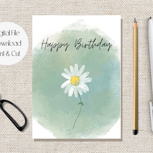 Printable Daisy Birthday Card, Downloadable Happy Birthday Card, Watercolor Daisy Art