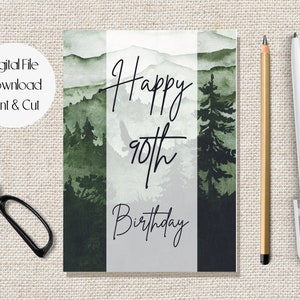 Printable 90th Birthday Card, Green Forest Ninetieth Birthday Card, Birthday Card 90 Years