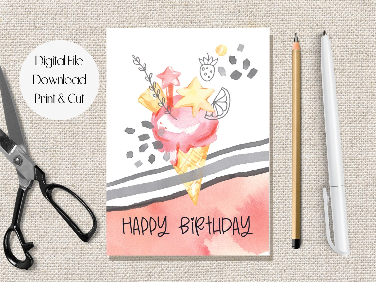 Printable Ice Cream Cone Birthday Card, Ice Cream Happy Birthday Card ...