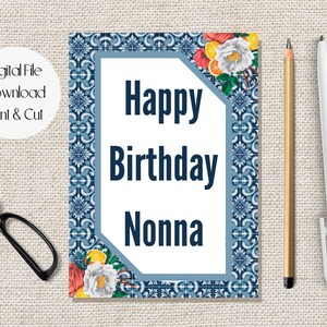 Carte imprimable Happy Birthday Nonna, carreaux bleus siciliens, joyeux anniversaire grand-mère