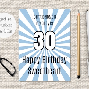 Druckbare alles Gute zum 30. Geburtstag Karte, Mein Baby ist 30 Geburtstagskarte, Blau wirbelt