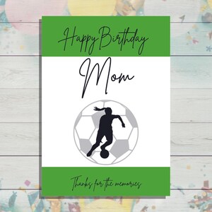 Cartão de feliz aniversário para impressão, mãe, obrigado pelas memórias, cartão de aniversário para mãe do futebol