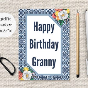 Carte imprimable joyeux anniversaire grand-mère, carreaux bleus siciliens, joyeux anniversaire Nonna