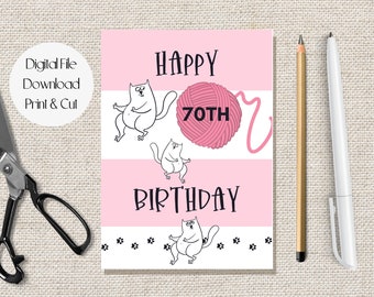 Carte imprimable 70e anniversaire, carte joyeux soixante-dixième anniversaire, carte de joyeux anniversaire chat mignon 70