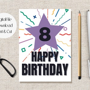 Cartão de aniversário para impressão, desejo de feliz aniversário de 8 anos, feliz aniversário de 8 anos, cartão de aniversário para crianças