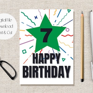 Afdrukbare verjaardagskaart, 7 jaar oude gelukkige verjaardagswens, gelukkige 7e verjaardag, kinderverjaardagskaart