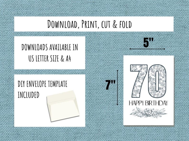 Happy 70th Birthday Printable Card, Elegant Floral Design, Instant ...