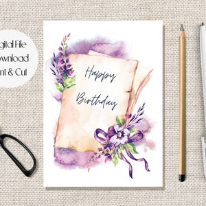 Afdrukbare verjaardagskaart, violette viooltjes en scroll-verjaardagskaart, gelukkige verjaardagswens lentebloemen