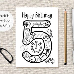 Druckbare Geburtstagskarte, Farbe mich Sport Thema Karte, 5 Jahre alt, alles Gute zum Geburtstag, Kinder Geburtstagskarte