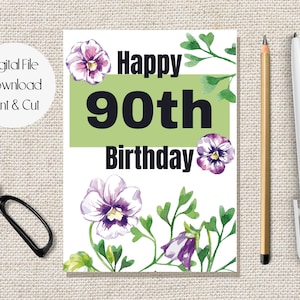 Printable 90th Birthday Card, Happy Ninetieth Birthday Card, Spring Pansies Watercolor Art For Grandmother
