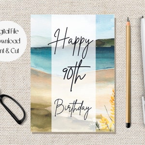 Printable 90th Birthday Card, Beach Sand Ninetieth Birthday Card, Birthday Card 90 Years